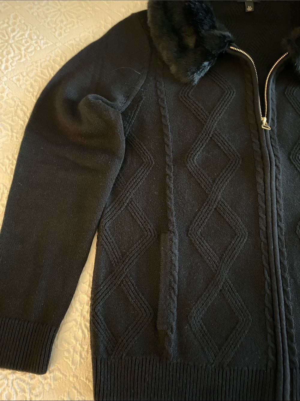Talbots Black Knit Zip Cardigan with Faux Fur Trim • Petite Large - Picture 7 of 15